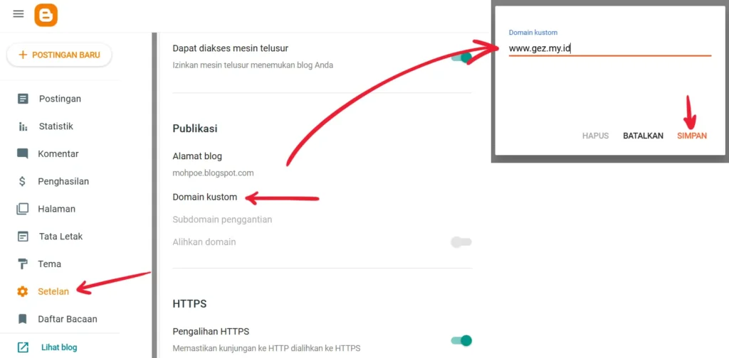 cara menggunakan custom domain di blogger